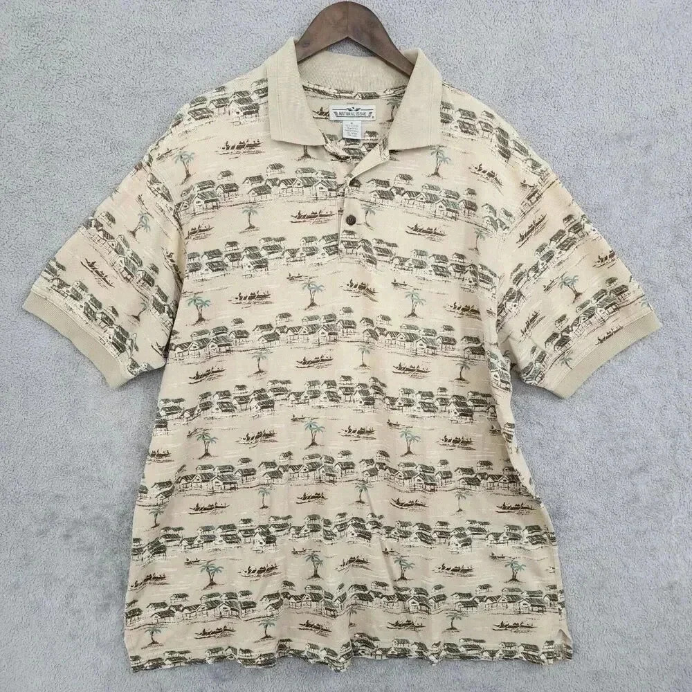 Natural Issue Mens XL Hawaiian Polo Shirt Beige Palm Tree Print 17PT